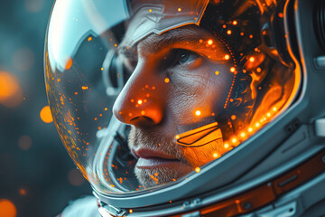 An astronaut wearing a helmet is shown in close-up, possibly communicating with mission control. The focus is on the detail of the helmet and the persons facial expressions