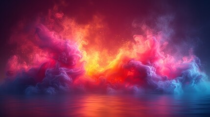 Obraz na płótnie Canvas a colorful cloud of smoke floating on top of a body of water in front of a red and blue sky.