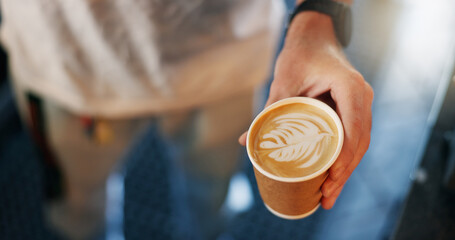 Latte art, coffee shop and hands pouring cup for take away with barista, small business and...