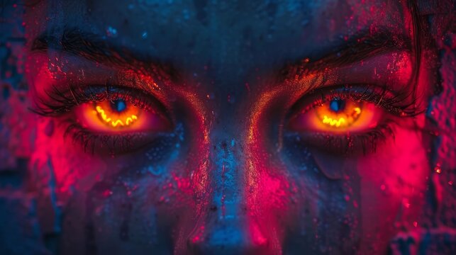 a close up of a woman's face with red and blue lights on it's face and eyes.