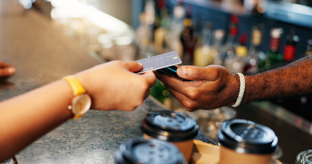 Barista, hands and credit card at coffee shop POS, fintech payment and cafe, restaurant or small...