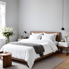 Fototapeta na wymiar bedroom with gray walls, simple bed frame, and flowers on a bedside
