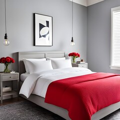 bedroom with pale gray walls, simple bed frame, red linens, and red flowers on a bedsid