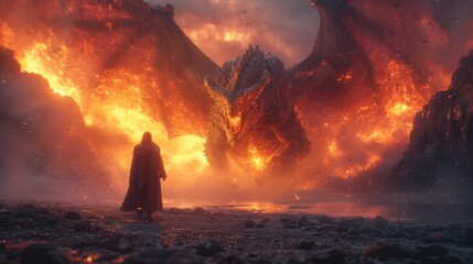 a man standing in front of a huge fire filled mountain with a giant dragon coming out of it's mouth. - obrazy, fototapety, plakaty