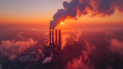 Aerial view of an industrial area with large chimneys belching smoke at sunset. Conceptual image of industry and the environment - obrazy, fototapety, plakaty