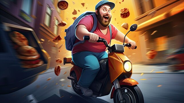 pizza delivery man racing down a speedy road on a scooter, delivering hot and delicious pizzas to customers with urgency, Illustration, digital art