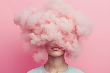 A woman with a fancy cloud above her head on a soft pink background.