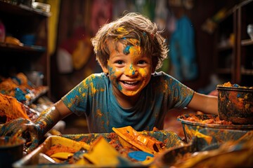 little boy joyfully playing with vibrant colors paint, hands adorned with the joyful mess of artistic exploration, Little boy with paint