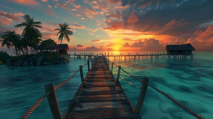 Dock Extending Into Ocean With Sunset in Background - obrazy, fototapety, plakaty
