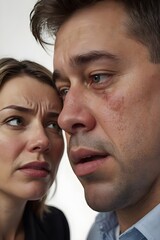 Cooperate Head shot of a husband and wife crying