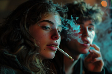 cropped view of two young adults smoking a joint