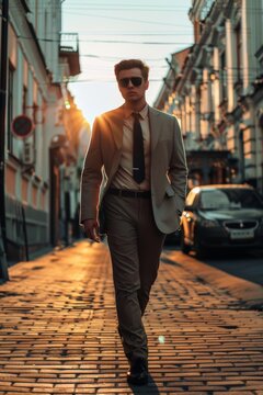 A handsome 20-year-old man wearing black sunglasses is walking on the street, 