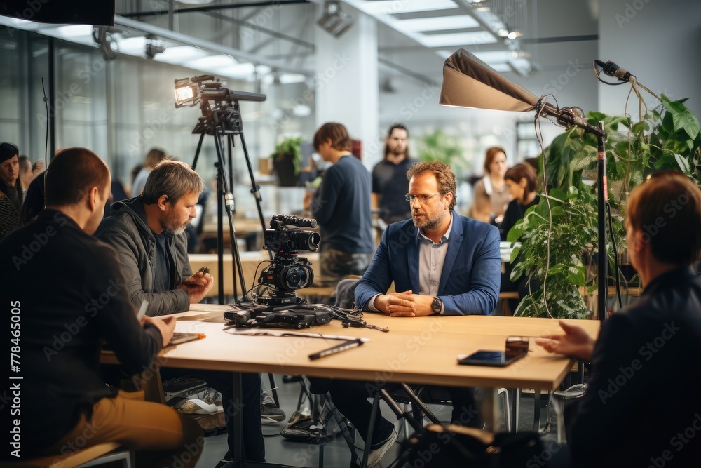 Aufkleber group of people brainstorming in a conference room with a camera on a tripod capturing the moment