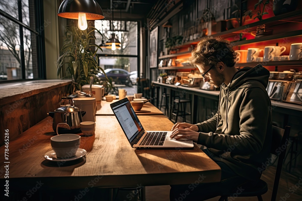 Aufkleber a person working on a laptop in a coffee shop with a camera on the table