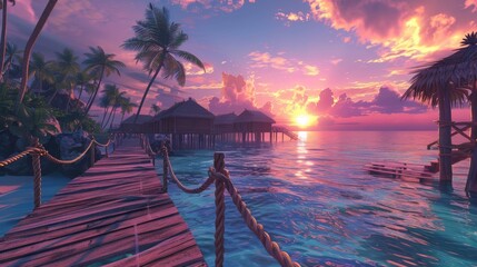 Sunset Scene With Dock and Palm Trees - obrazy, fototapety, plakaty