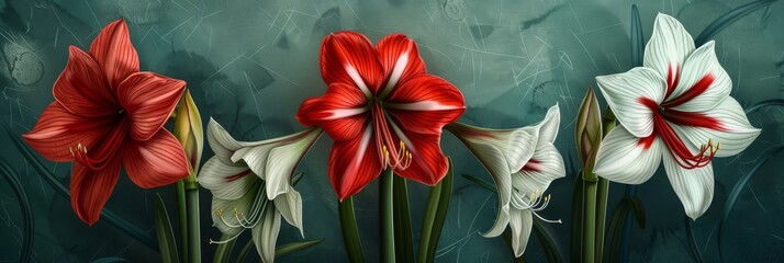 Amaryllis Flower Botanical Illustration, Hippeastrum Pot Flowers Realistic Painting, Amaryllis Botanical - obrazy, fototapety, plakaty