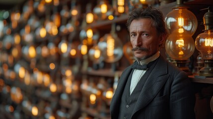 a man in a suit and bow tie standing in front of a wall of hanging lights and glass globes.