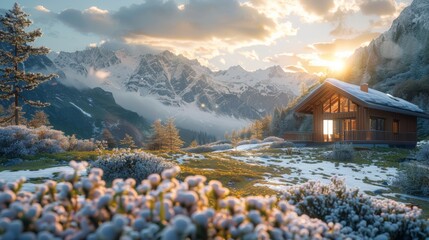 A lonely house in the mountains with snow	
