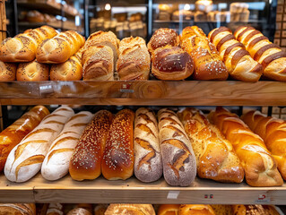 Pane sugli scaffali del supermercato, pane diverso, baguette, ciambelle, focacce e una varietà di altro pane fresco in mostra sugli scaffali del negozio di alimentari, pane in un panificio