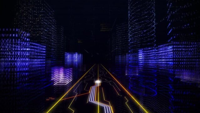 Inside of the online software world. Online software is processing the data using the motherboard. Online software is projecting the transparent 3D hologram of the word Internet. Augmented Reality.