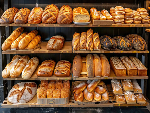 Pane sugli scaffali del supermercato, pane diverso, baguette, ciambelle, focacce e una varietà di altro pane fresco in mostra sugli scaffali del negozio di alimentari, pane in un panificio