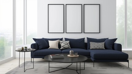 A minimalist living room with a sleek navy blue sofa, a matte black coffee table, and three empty blank wall frames above the sofa. 