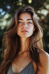 Naklejka premium portrait of a beautiful woman with a long hair, real life photo, professional photo