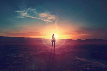 A lone woman stands facing the sunrise in a vast desert landscape, depicting hope, new beginnings,...