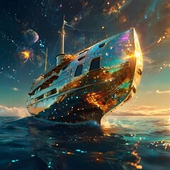 A luminous solar sailer its hull gleaming with golden