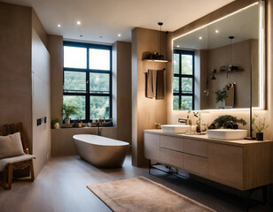 Fototapeta na wymiar Modern washroom renovation with neutral tones and mirror's 