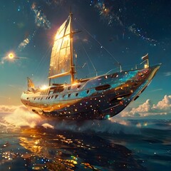 A luminous solar sailer its hull gleaming with golden