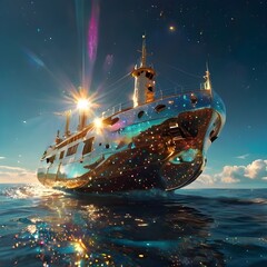 A luminous solar sailer its hull gleaming with golden