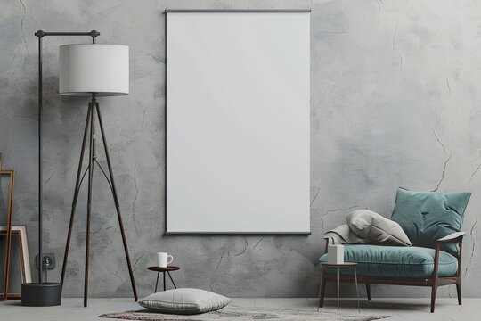 Blank poster hanging on a wall mockup. 3d illustration on gray background 
