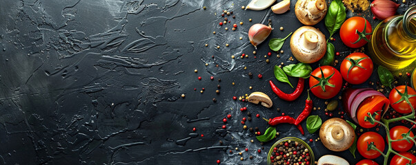 Food ingredients and spices for cooking mushrooms, tomatoes, cheese, onion, oil, pepper, salt, basil, olive and delicious italian pizza on black concrete background. Copyspace. Top view. Banner - Powered by Adobe
