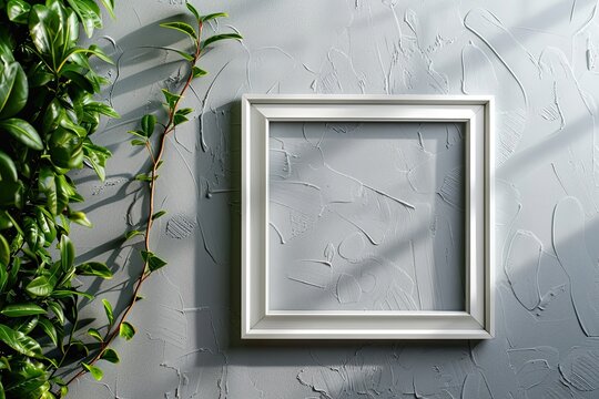 Empty white picture frame with square shape on a grey wall. Blank Mockup for images and photos. 32k, full ultra hd, high resolution