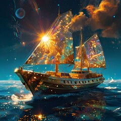 A luminous solar sailer its hull gleaming with golden