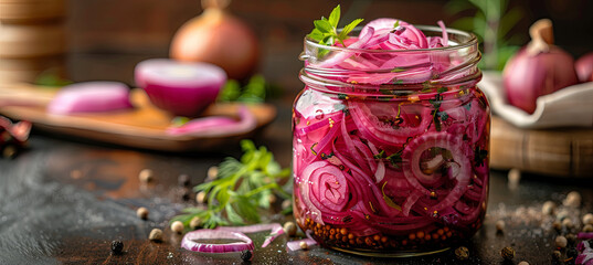 pickled onions stored in a glass jar, preserved in tangy vinegar or brine solution - obrazy, fototapety, plakaty