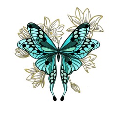 Green butterfly and golden magnolia flowers freehand. Layout for printing illustrations on T-shirts, notepads, covers