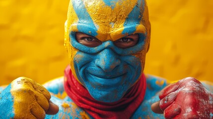 a man with blue and yellow paint on his face wearing a red and yellow scarf and a blue and yellow mask.