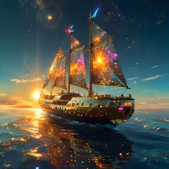 A luminous solar sailer its hull gleaming with golden