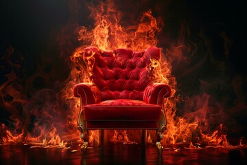 red velvet chair with golden elements. Burning flames on the black background, hot seat concept