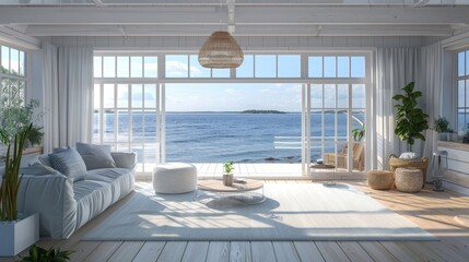 Scandinavian sea view living room in luxury house