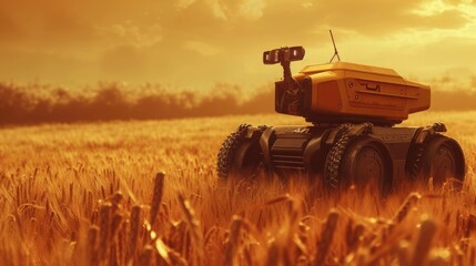 An agricultural robot in a field, visualized against a rich brown background, symbolizing its purpose. - obrazy, fototapety, plakaty