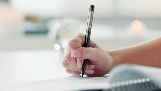 Pen, book and hands of woman writing notes in office for research on creative project. Ink, paper and closeup of female person working on schedule, agenda or appointment in diary at workplace.