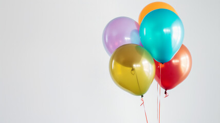 Colorful balloons with strings on a light grey background.