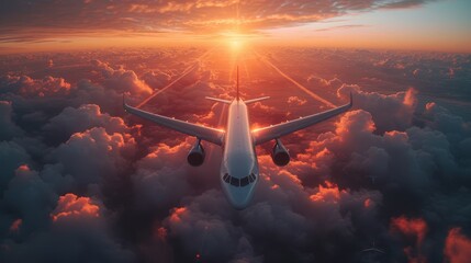 a large jetliner flying through a cloudy sky over a sunlit cloud filled with bright orange and pink clouds. - obrazy, fototapety, plakaty