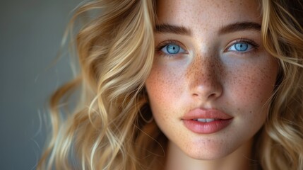 a close up of a woman with freckles on her face and freckles on her face and freckles on her face.