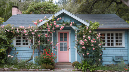Fototapeta na wymiar A charming craftsman cottage in soft sky blue, with a coral pink door and a white trellis covered in climbing roses, leading to a quaint, cobblestone front walk.