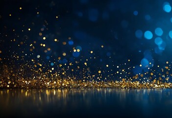 A luxurious abstract background awash in deep navy blue. Golden, twinkling particles dance across the scene, some with a soft blue glow. Delicate gold foil