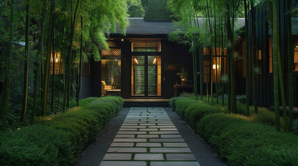 A contemporary craftsman cottage with a matte black exterior and emerald green accents. A sleek, linear pathway flanked by bamboo creates a modern, minimalist curb appeal. - obrazy, fototapety, plakaty